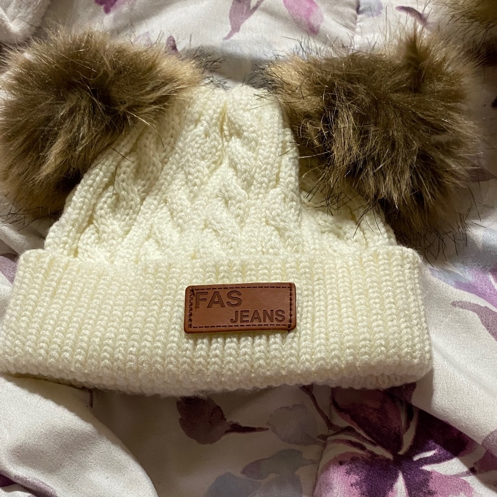 Kids Cream Cable Knit Beanie with Double Brown Pom Poms